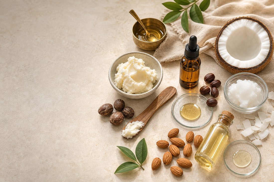 Shea nuts, jojoba seeds, a split coconut, and almonds arranged on a linen cloth with small glass bowls of oils, evoking an Ayurvedic apothecary.