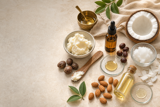 Shea nuts, jojoba seeds, a split coconut, and almonds arranged on a linen cloth with small glass bowls of oils, evoking an Ayurvedic apothecary.