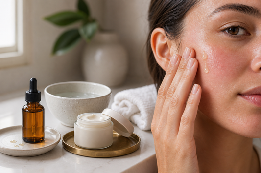 A close, softly lit portrait showing calm, hydrated skin with a tiny amount of facial oil pressed into damp cheeks—towel-dried, no redness flare.