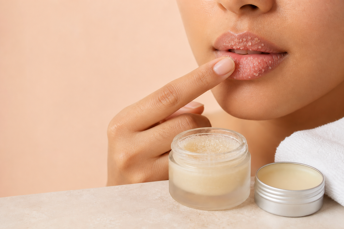 A close-up of a person softly massaging a fine-grain lip scrub onto slightly damp lips with the pad of a fingertip.