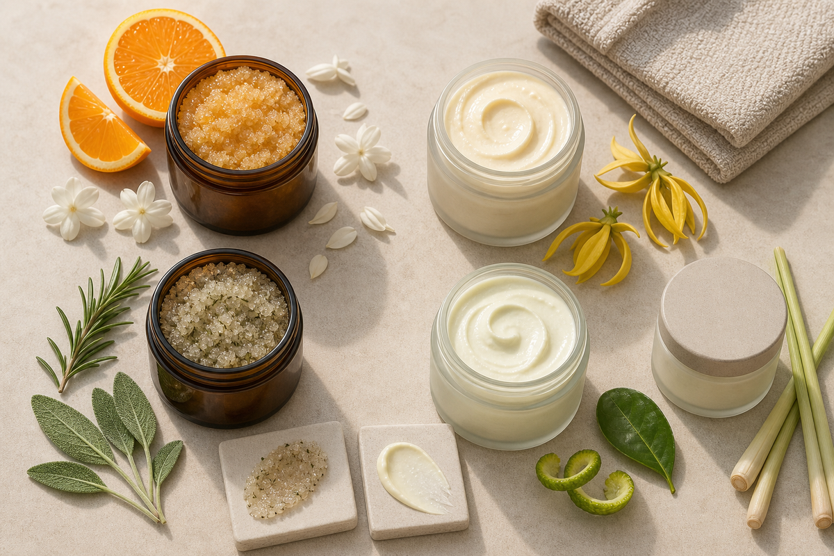 Open jar of body butter beside citrus, jasmine, rosemary, and frankincense—visual cues for choosing a daily scent by mood.