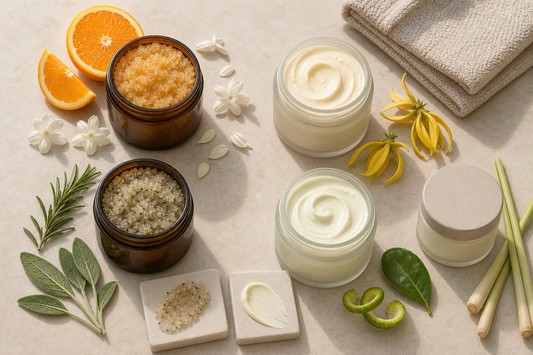 Open jar of body butter beside citrus, jasmine, rosemary, and frankincense—visual cues for choosing a daily scent by mood.