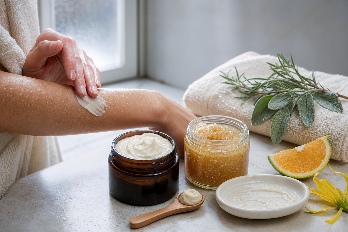 Hands warming a pea‑sized amount of body butter between palms before pressing it into towel‑damp forearm on a cool, dry day.