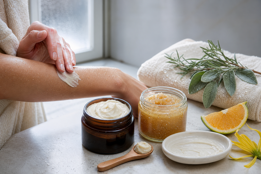 Hands warming a pea‑sized amount of body butter between palms before pressing it into towel‑damp forearm on a cool, dry day.