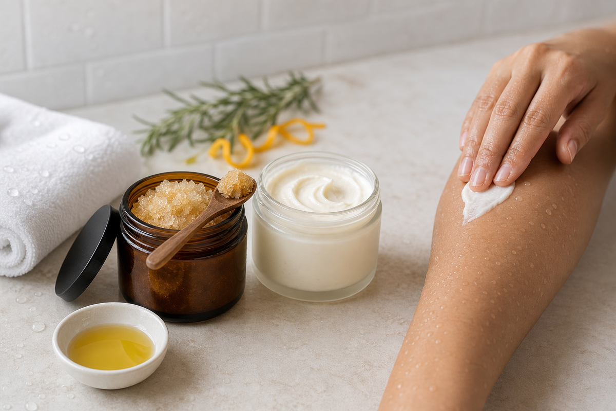 Soft-focus close-up of forearm skin with a thin layer of rich body butter applied on towel-damp skin next to a wooden spoon of fine sugar scrub.